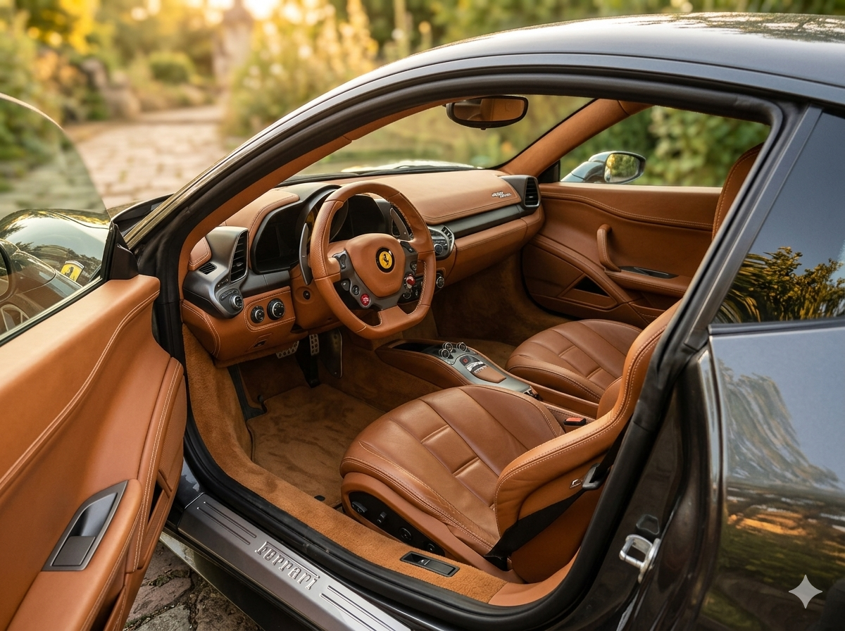 Ferrari 458 Italia cognac leather interior — door open, golden light