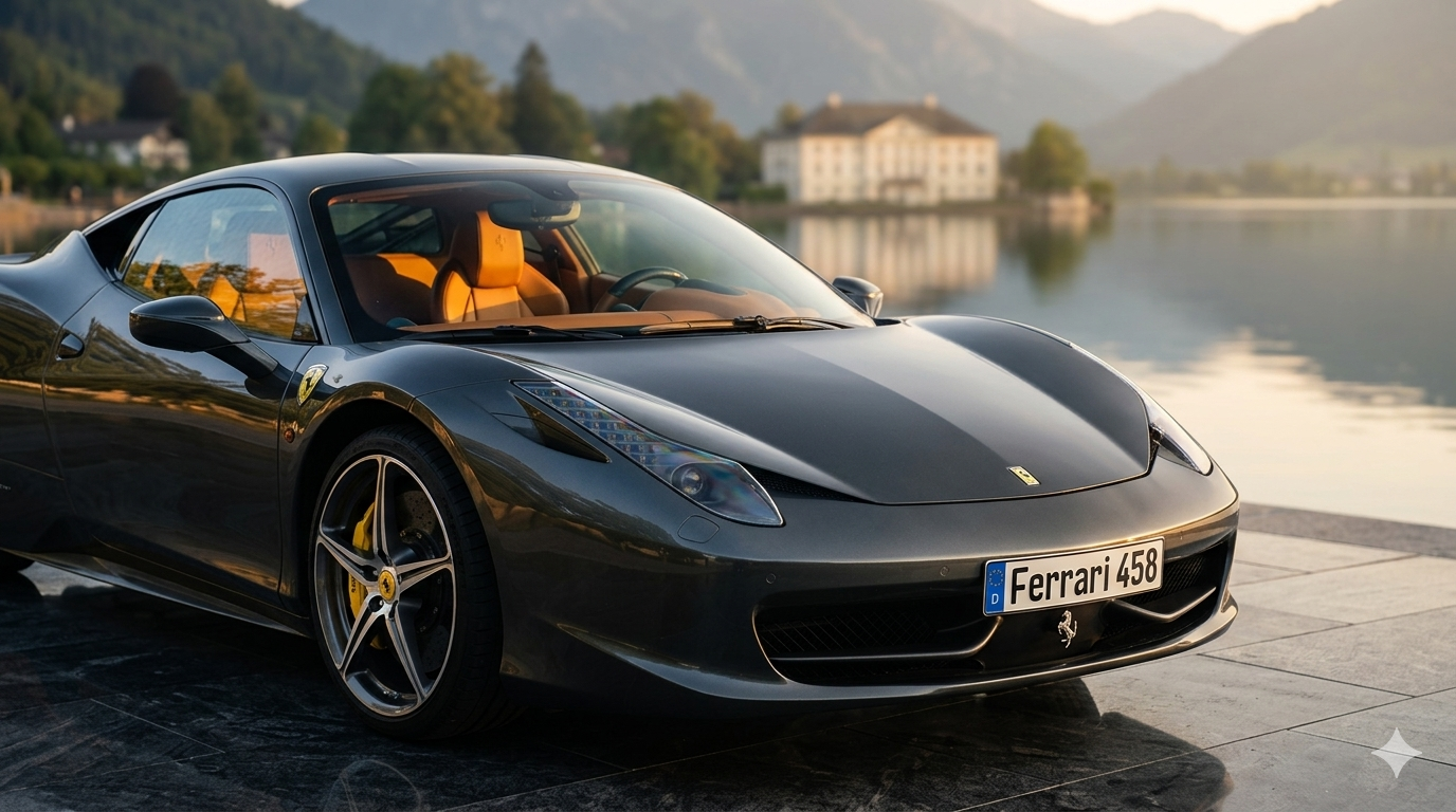 Ferrari 458 Italia — Bavarian lakeside, golden hour
