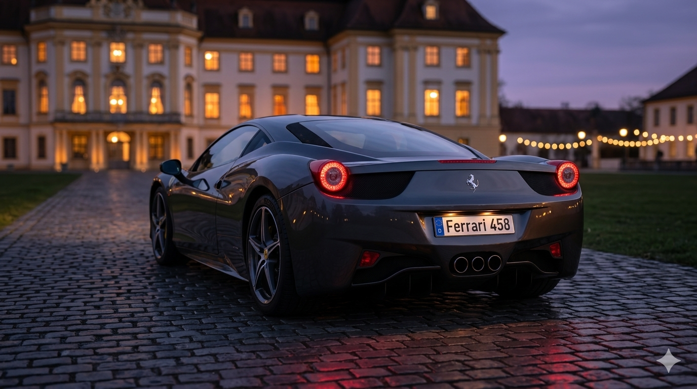 Ferrari 458 Italia rear — palace estate at dusk