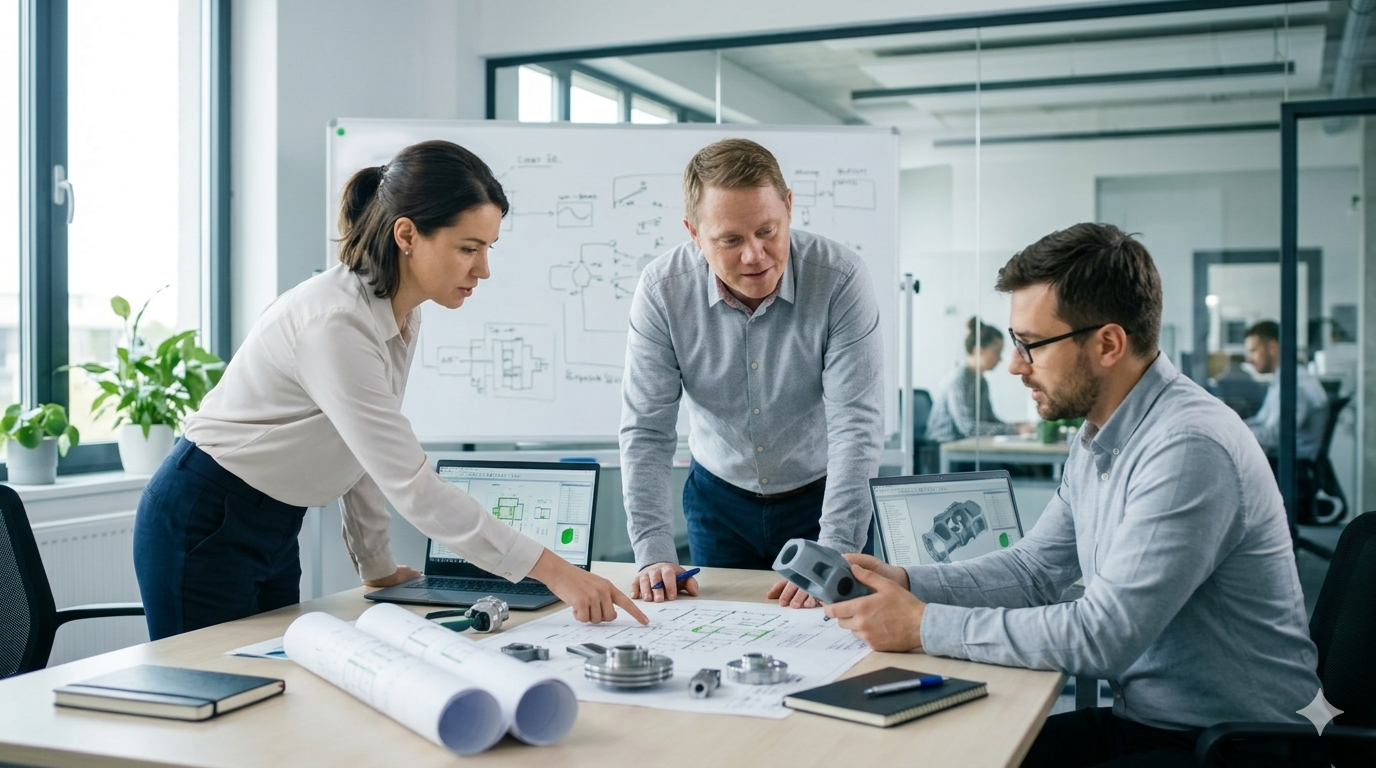 Rafał Noga bei einem technischen Design-Review mit Bauteilen und Systemdiagrammen auf dem Tisch