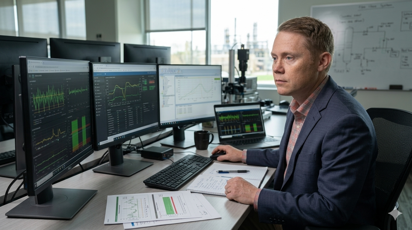 Rafał Noga revisando datos de control industrial y arquitectura en varios monitores